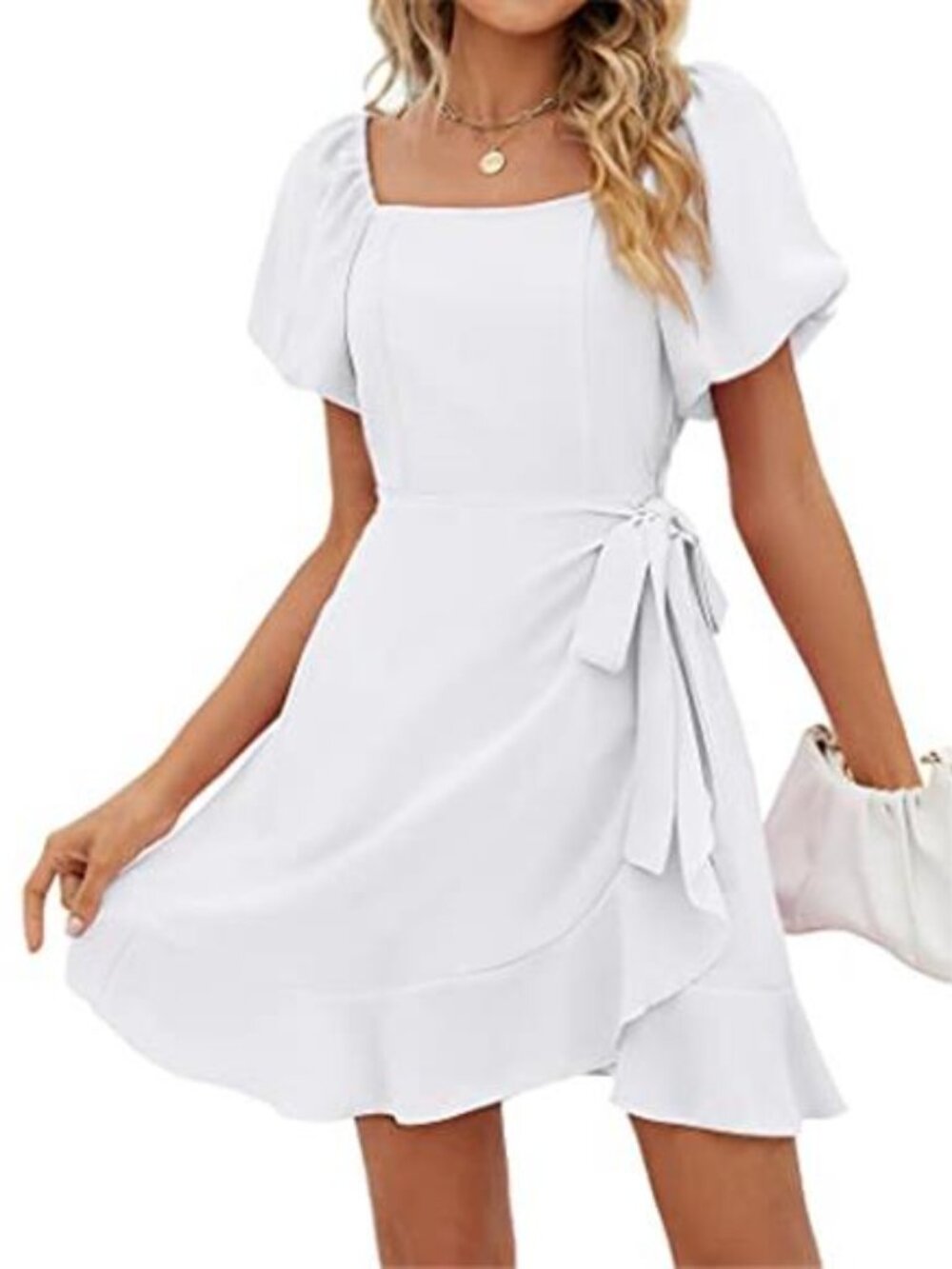 Womens Summer Dresses Square Neck Puff Sleeve Tie Waist Short Dress